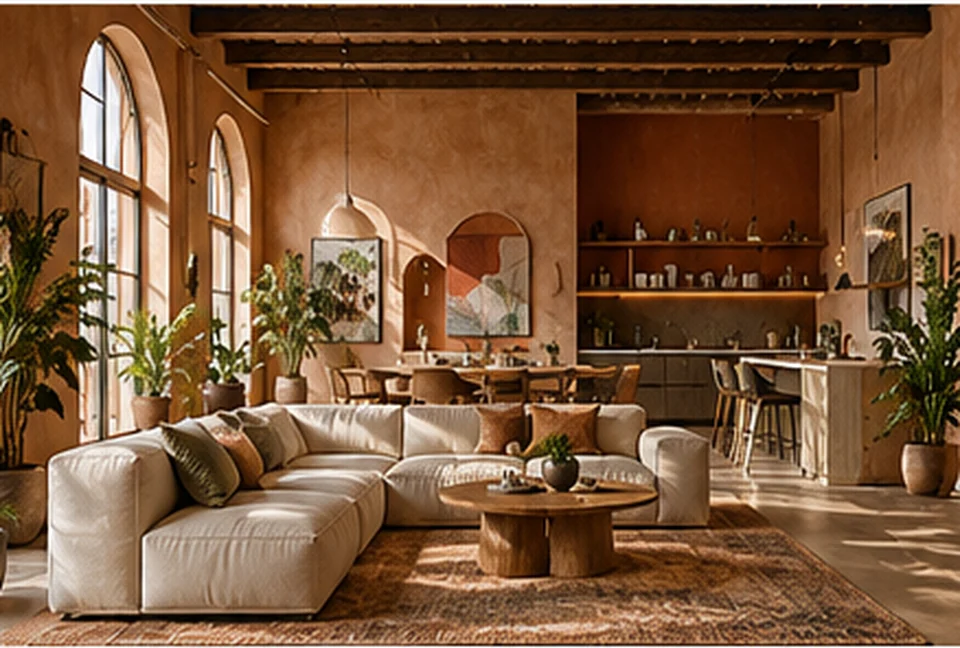 Лофт с арками и фактурной штукатуркой. Интерьер в стиле средиземноморский лофт: арочные формы, тёплая штукатурка и дерево.